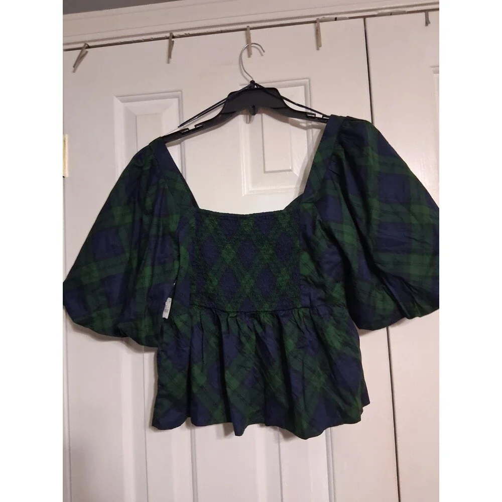 NWT Women's Old Navy Puff Sleeve Poplin Peplum Top Size XL Tartan